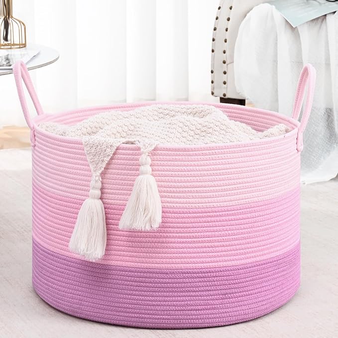 67L Rainbow Storage Basket for Organizing, 20"×13" Large Tall Laundry Baskets, Cotton Rope Woven Blanket Basket, Toy Storage for Kids, Collapsible Laundry Hamper for Living Room, Nursery Room