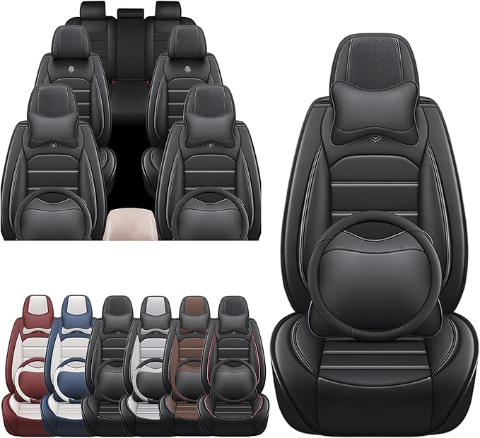 JOJ Car Seat Cover Fit for Toyota Highlander 2001-2025,7 Seat Car Seat Cover,No-Slip Waterproof Breathable Faux Leather,Full Set with Pillow Steering Wheel Covers,Black