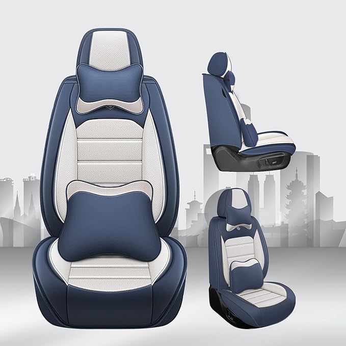 JOJ Car Seat Cover Fit for Toyota Highlander 2001-2025,7 Seat Car Seat Cover,No-Slip Waterproof Breathable Faux Leather Automotive Seat Covers Auto Interior Covers,Full Set with Pillow,Cream Blue