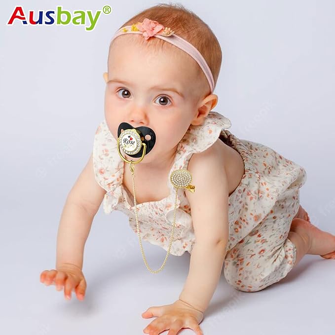 Personalized Pacifier Set with Name, BPA Free, Bling Gold Silver Pink Rose Gold Luxurious Ideal Gift for Newborns (White)