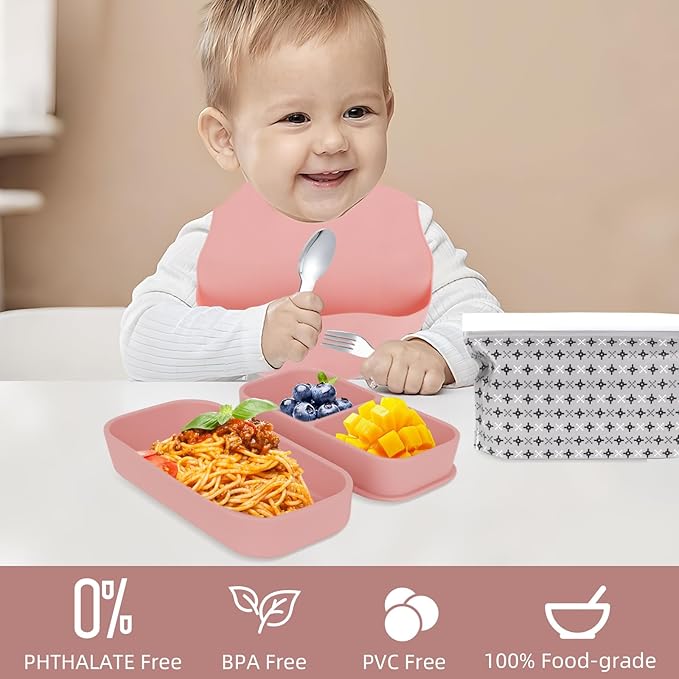 Travel Silicone Baby Feeding Set with 316 Stainless Steel Spoon & Fork,Silicone Suction Plates, Foldable Bib, Storage Bag - Portable Infant Toddler Utensils, 6-Piece BPA-Free Dishware Kit（pink）