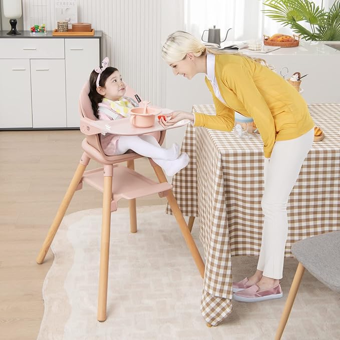 BABY JOY Baby High Chair, 6 in 1 Convertible Wooden High Chair for Babies & Toddlers with Adjustable Legs, Double Removable Tray, Safety Harness & Waterproof PU Cushion (Pink)