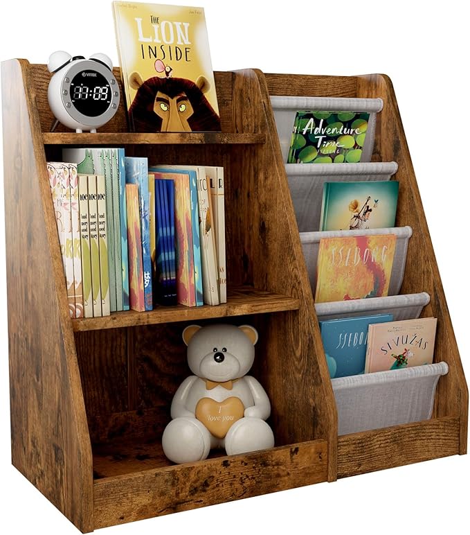 Kids Bookshelf for Bedroom Toddler Children Baby Bookcase 3-Tier for Nursery Book Toy Storage Organizer 4 Sling Adjustable Display Shelf Book Rack Wood Classroom Playroom Rustic Brown