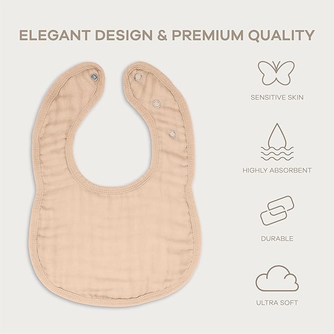 Comfy Cubs Muslin Bibs for Babies, Pack of 8 - Soft and Highly Absorbent, Feeding, Drool and Teething Bib, Adjustable Snaps - Stylish & Colorful Unisex Designs, Giftable Set - Blush