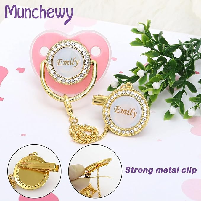 Custom Pacifier with Name, Bling Personalized Pacifier Clip Set with Gift Box, Glitter Crystal Luxurious Soother Dummy Ideal Gift for Boys Baby Shower Newborn Photography(Bling Pink)