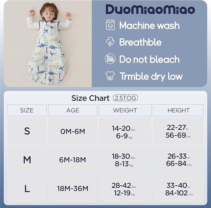 Duomiaomiao 1.5 TOG Baby Sleep Sack 100% Cotton Four Season Baby Wearable Blanket, Breathable Comfy Toddler Sleeping Bag