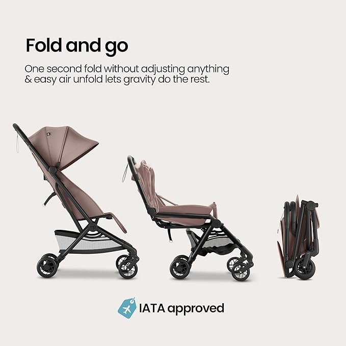 Mompush Velo Lightweight Travel Stroller, Compact & Airplane-Friendly for Baby and Toddler, Lie-Flat Seat, One-Hand Fold, with Leather Bumper Bar, Shoulder Strap, Raincover, Storage Bag & Cup Holder