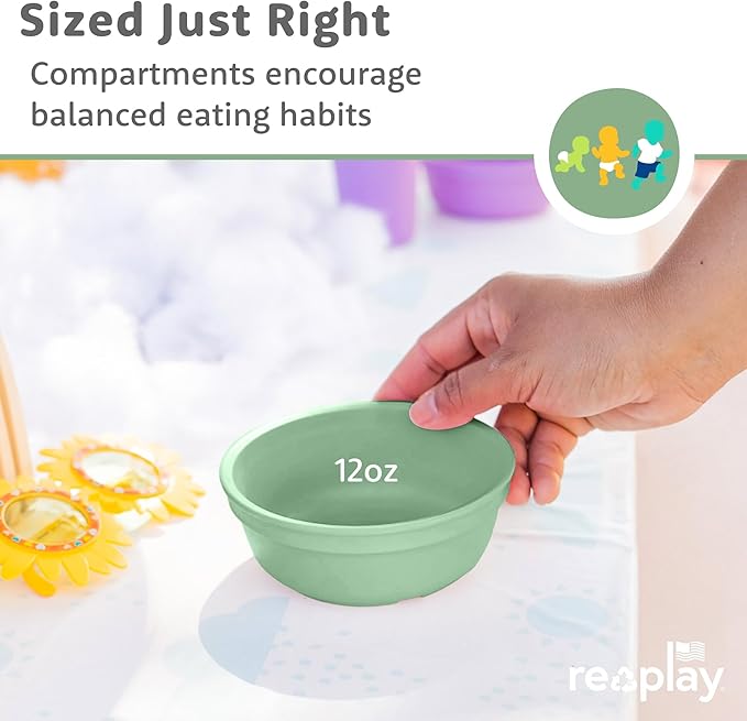 Re-Play 12 oz. Toddler Bowls Set of 4 - Kids Deep-Walled, Durable & Reusable Snack and Meal Bowls, Dishwasher & Microwave Safe, BPA-Free, Made in USA from Recycled Plastic, Grinchmas