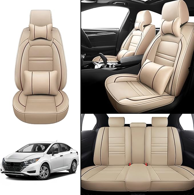 Car Seat Covers for Nissan Car Versa 2007-2025 | 5-Seats Seat Covers, Waterproof Seat Protectors, Automotive Seat Covers (Full Set with Pillow,Beige)