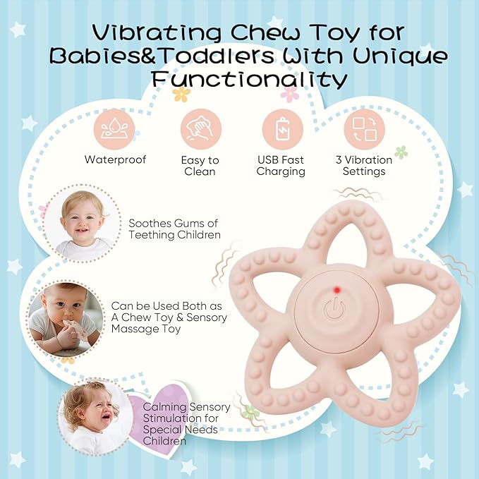 Vibrating Sensory Chew Toy, Teether Teething Toys for Baby 6-18 Months, Sensory Toys for Kids with Autism&Toddler Travel Essential - 3X Vibration Settings, Gifts for Boys Girls