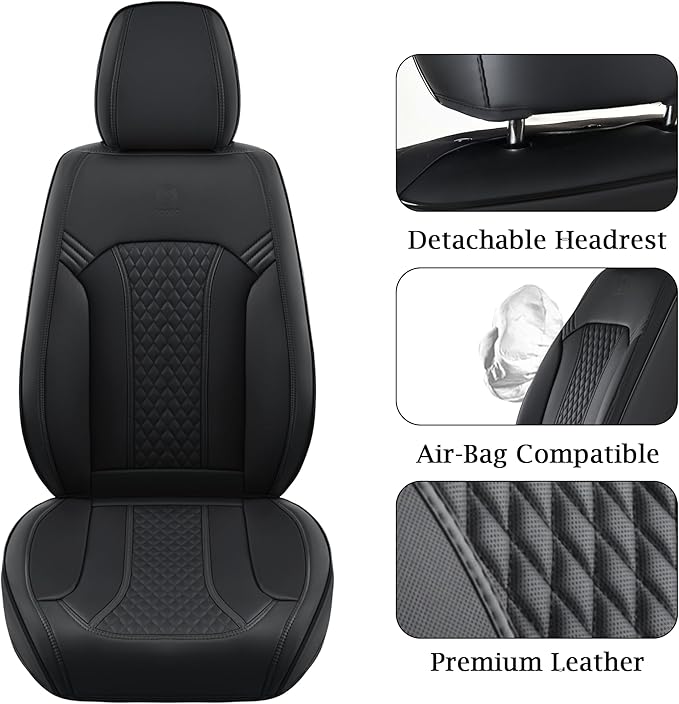 Doogo Seat Covers for Cars, Leather Seat Covers, Waterproof Front Automotive Seat Covers,Universal Black Seat Cushion Protectors Interior Accessories for SUV Sedan Truck Truck-Black