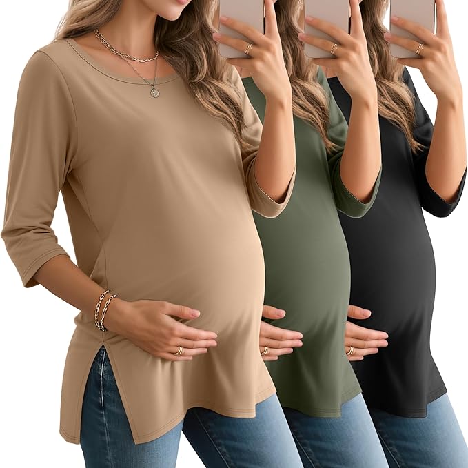 3 Pack Women's 3/4 Sleeve Maternity Shirts Elbow Length Clothes Round Neck Tunics Pregnancy Loose Side Split Tops