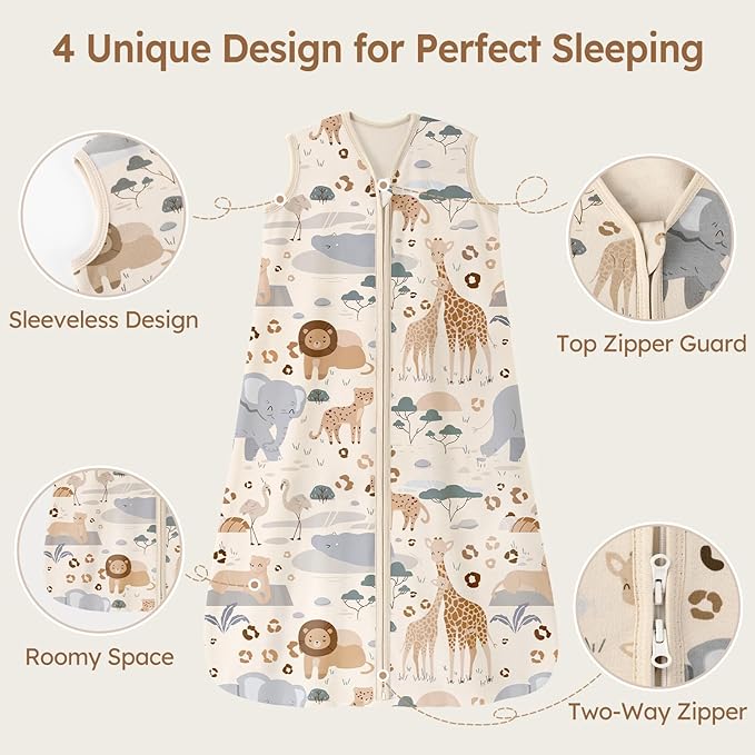 Baby Sleep Sack 12-18 Months 100% Cotton Lightweight 0.5 TOG Wearable Blanket Baby Sleep Bag with 2-Way Zipper for Infant Toddler Apricot Elephant