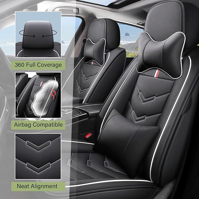 Leather Car Seat Covers Fit for LR LR4 2009-2016, 5 Seater Waterproof and Wear-Resistant Seat Cover Interior Accessories(Full Set with Pillow,Black&White)