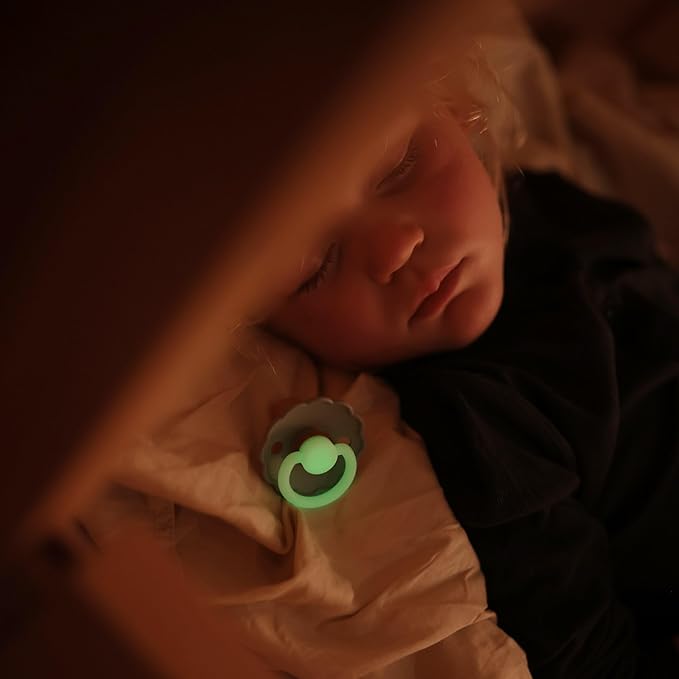 FRIGG Daisy Night SilkySoft Silicone Baby Pacifier | Made in Denmark | BPA-Free (Portobello/Croissant, 6-18 Months)
