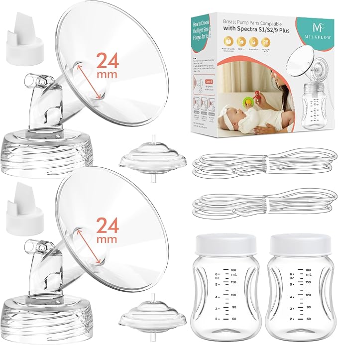 Breast Pump Parts Compatible with Spectra S1,S2,S9 Plus, Replacement Kit for Spectra Pump Parts 2PC Include 24 mm Flange, Duckbill Valve, Tube,Bottle, Backflow Protector, Not Original Accessories
