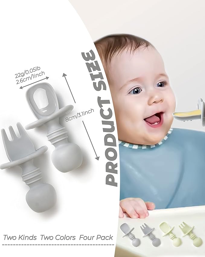 DF DUALFERV 4 Pcs Baby Spoons Self Feeding 6 Months, Silicone Baby Spoons First Stage and Baby Fork, Toddler Utensils for Baby Led Weaning with 2 Cases (Green, Grey)