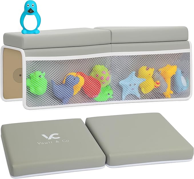 Vault & Co Bath Kneeler and Elbow Rest Pad Set – Extra Thick 1.5” Cushioned Baby Bath Kneeling Pad, Non-Slip Mat with Quick Dry Cover Storage Pockets, Waterproof Support & 5 Fun Bath Toys