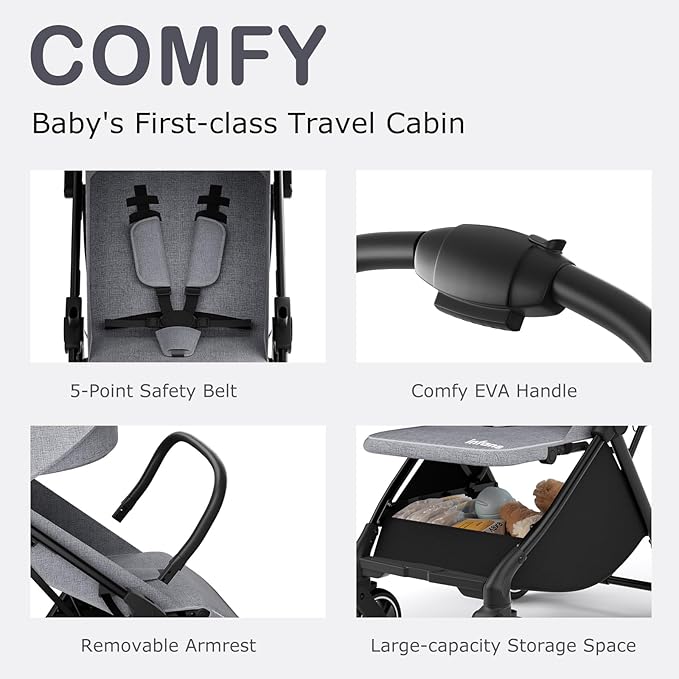 INFANS Ultra-Compact Fold Airplane Ready Travel Stroller, One-Hand Gravity Fold Near Flat Recline Seat, Foldable Toddler Stroller for Infant 0-36 Month