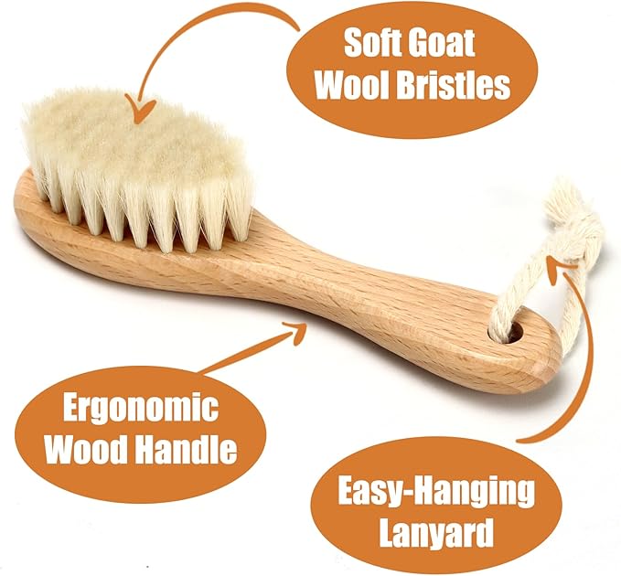 Wooden Baby Hair Brush and Comb Set, 2Pcs Natural Soft Goat Bristles Brush with Baby Shower Scrubber Perfect Scalp Grooming Product for Newborn, Toddler, Infant (White)