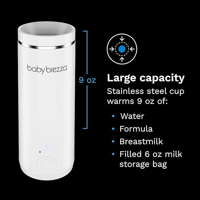 Baby Brezza Portable Warmer – 67% Faster Baby Bottle Warming - Travel Breastmilk and Formula Warmer - Safe, Even Heating - Up to 9oz - No Adapters, White