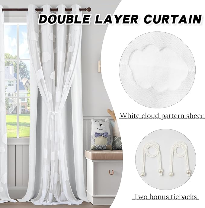 White Light Blocking Curtains for Bedroom with Sheer Overlay 95 Inch Double Layer Kids Room Decor Drapes Grommet Nursery Curtains 2 Panels Set 52 x 95 Inch