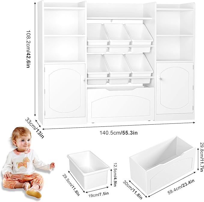 FINETONES 55” Toy Storage Organizer with Removable Bins, 5-in-1 Kids Bookshelf with Movable Chests and Book Shelves Behind The Doors, Toy Organizer Playroom with 6 Toy Bins and 8 Storage Cubes, White