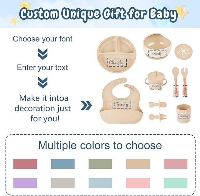 Personalized Silicone Baby Feeding Set with Name, Customized Baby Led Weaning Supplies Self Feeding Eating Utensils with Spoon, Fork, Silicone Suction Bowls, Cup, Plate Dark Purple