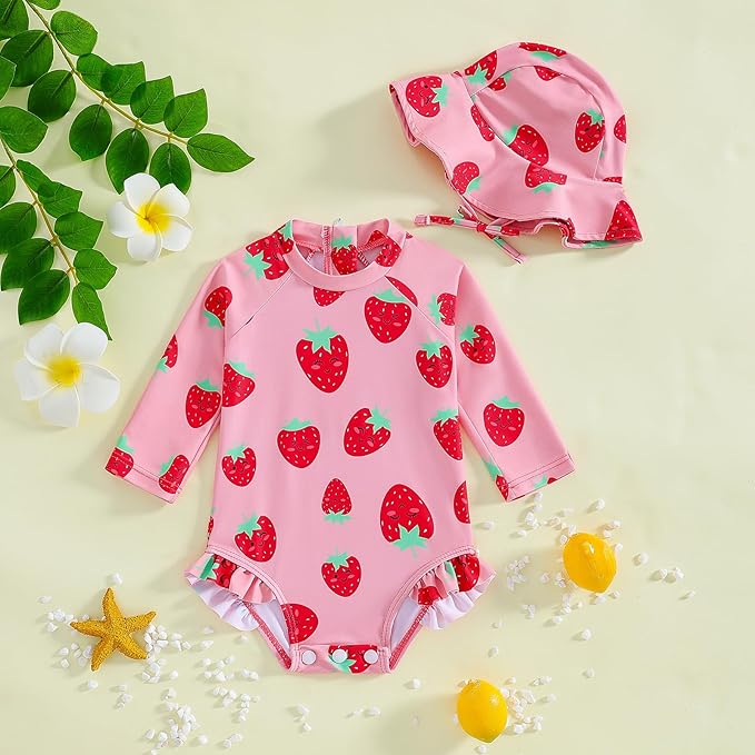 WOLBAY Baby Girl Swimsuit Long Sleeve One Piece Rash Guard with Sun Hat Zipper Bathing Suit Size 0-2T