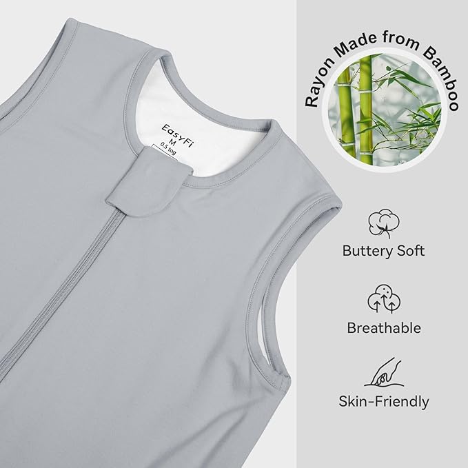 Rayon Made From Bamboo Sleep Sack 6-12 Months 0.5 Tog Ultra Soft Summer Toddler Sleep Sack with Feet 2-Way Zipper Lightweight Baby Sleeping Bag with Legs Thin Baby Wearable Blanket-Gray