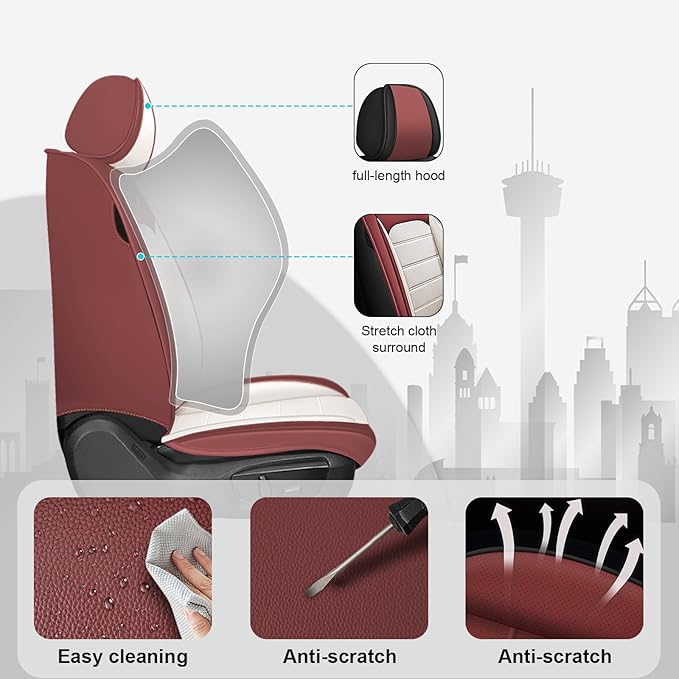 JOJ Car Seat Cover Fit for Toyota Highlander 2001-2025,7 Seat Car Seat Cover,No-Slip Waterproof Breathable Faux Leather Automotive Seat Covers Auto Interior Covers,Full Set with Pillow,Cream Red