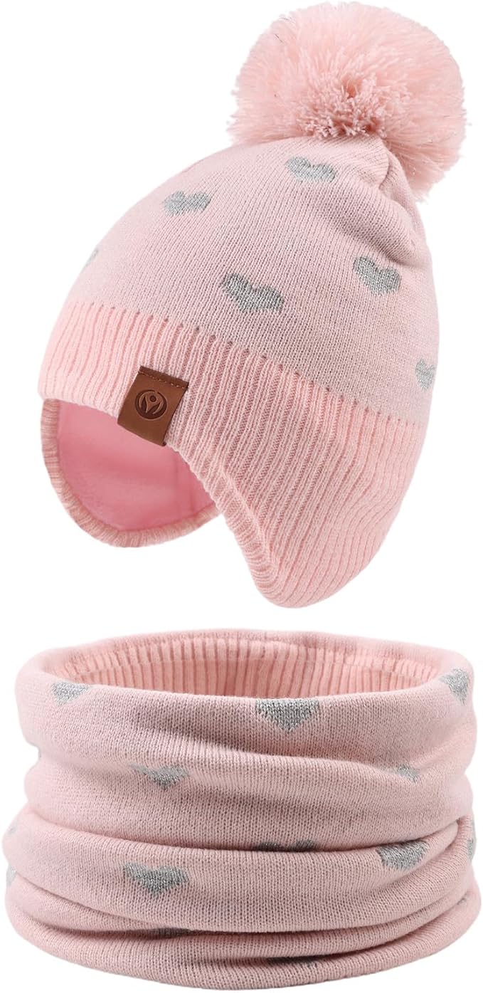 JANGANNSA Knitted Baby Hat Scarf Set Winter Warm Boys Girls Beanie Fleece Lining Toddler Kids Hats with Pompom