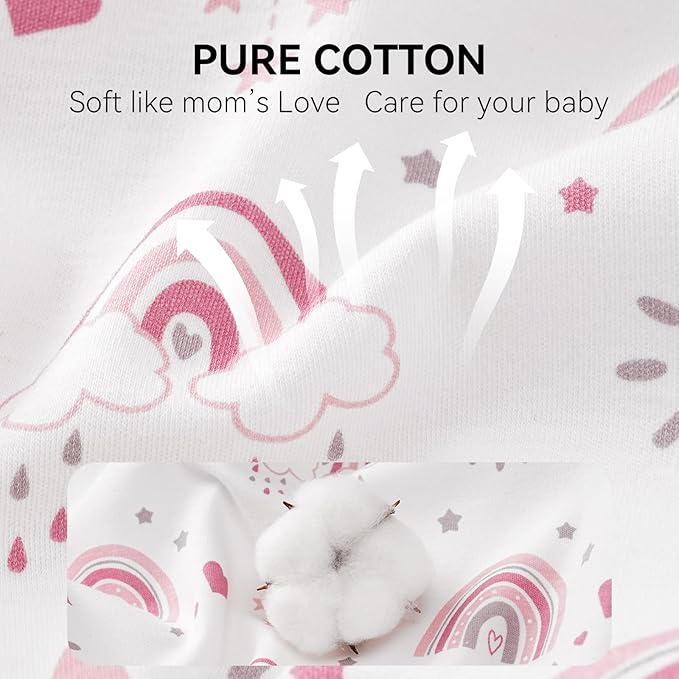 Baby Sleep Sack 0-6 Months, Long Sleeve Baby Wearable Blanket 0.5 Tog with Mittens, 2-Way Zipper Newborn Cotton Sleeping Sack for Boy and Girl Pink Rainbow 2 Pack (Small)