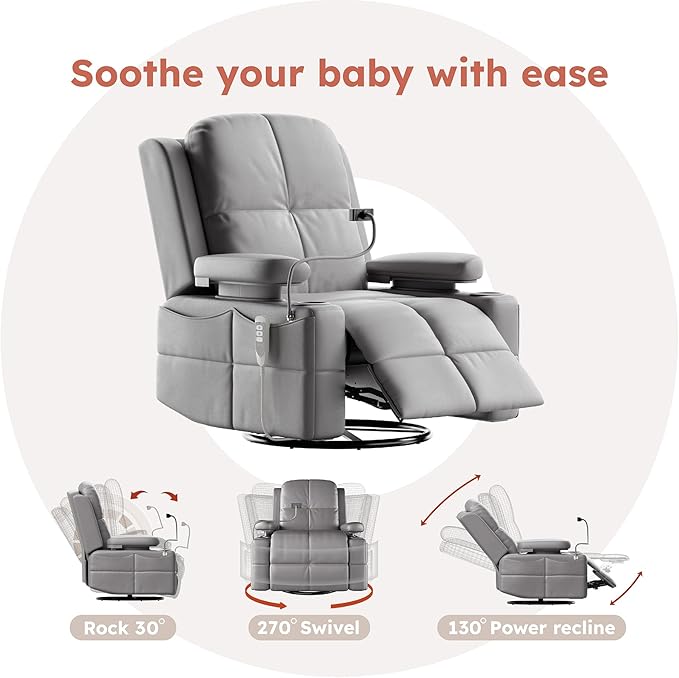 MAMAZING Oversized Rocking Chair Nursery with Adjustable Armrests, Electric Glider Recliner Nursing Chair for Breastfeeding, Power Swivel Recliner Chairs, Oeko-TEX & FSC Certified(Urban Gray)