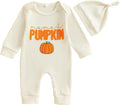 Newborn Infant Baby Boy Halloween Outfit Little Pumpkin Embroidery Romper Waffle Knit Long Sleeve Jumpsuit with Hat