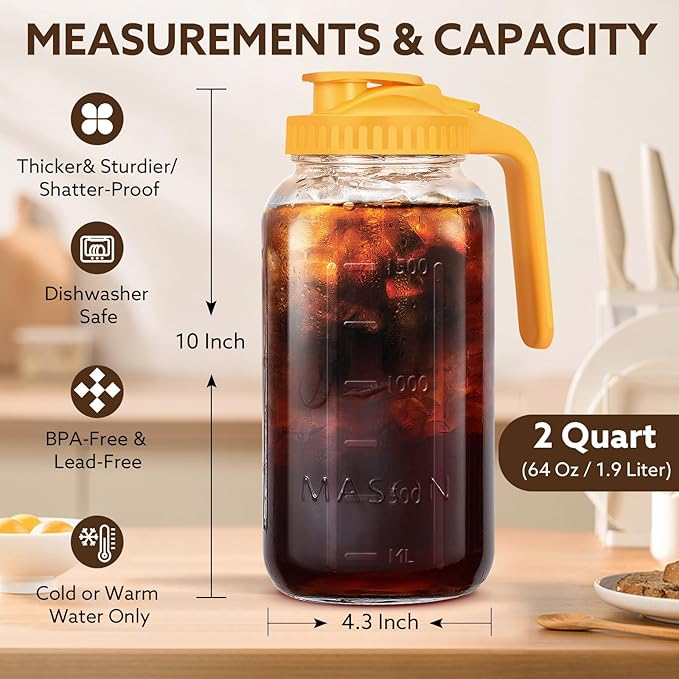 Glass Pitcher with Lid, 64 OZ Mason Jar Pitcher Double Leak Proof, 2 Quart Breast Milk Storage Containers for Fridge, Wide Mouth Glass Jar for Sun Tea, Juice, Cold Brew Coffee