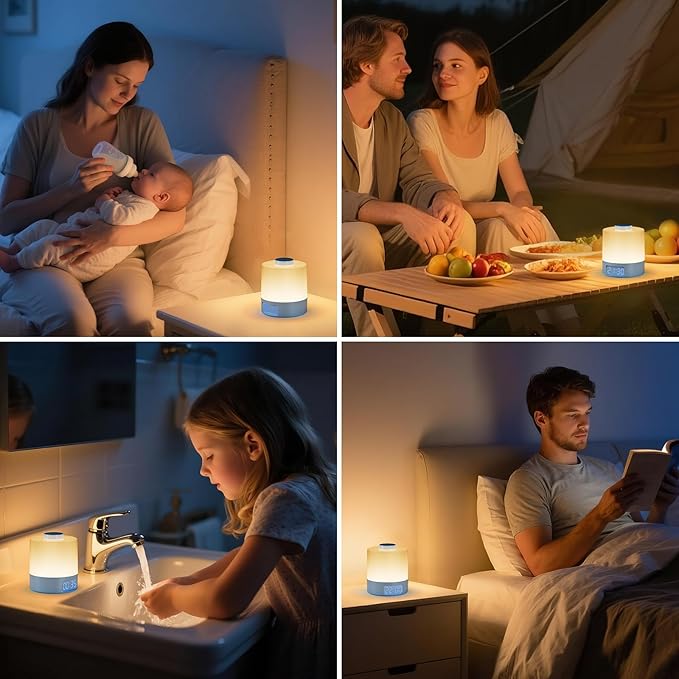 WOBANE Night Light for Kids, 3 Colors Dimmable Baby LED Lighting, 3600mAh Battery Rechargeable with Clock, Portable Bedside Lamp for Nursery, Breastfeeding, Adults, Blue