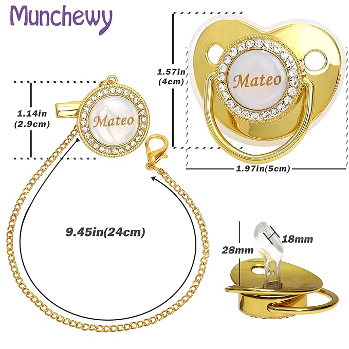 Personalized Pacifier with Name, Bling Gold Pacifier Clip Set with Gift Box Greeting Card, Glitter Crystal Luxurious Dummy Ideal Gift for Girl Baby Shower Newborn Photography(Pink)