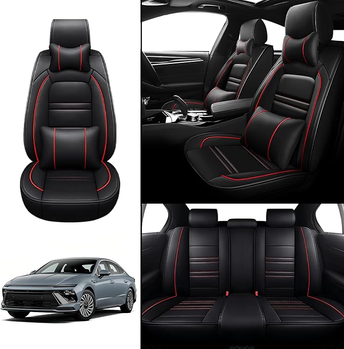 Car Seat Covers for Hyundai Car Sonata 2002-2025 | 5-Seats Seat Covers, Waterproof Seat Protectors, Automotive Seat Covers (Full Set with Pillow,Black&Red Line)