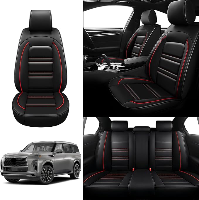 Seat Covers for Infiniti qx80 2014-2025 | 5-Seats Leather Seat Covers, Easy to Install Automotive Seat Covers Full Set (Full Set, Black&Red Line)