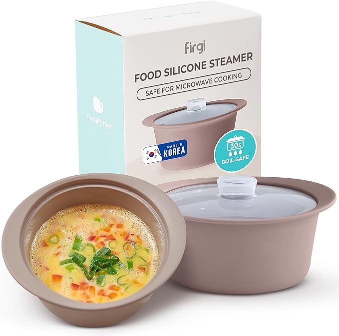 40oz Platinum Silicone Microwave Steamer Pot with Handle & Lid - Korean 100% Food-Grade Steamer Bowl, Heat-Resistant Cooker with Steam Holes, Easy Clean, Dishwasher Safe, Taupe Brown
