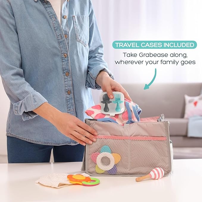 Grabease Silicone Baby Feeding Utensil Set - Self-Feeding Forks For Baby - Forks & Spoon, Ages 6-12 Months - Dishwasher-Safe Infant Spoon & Utensil - Teal & Gray, Pack of 2