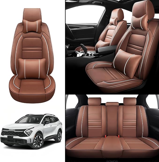 Car Seat Covers for kia sportage 2005-2025 | 5-Seats Seat Covers, Waterproof Seat Protectors, Automotive Seat Covers (Full Set with Pillow,Coffee)