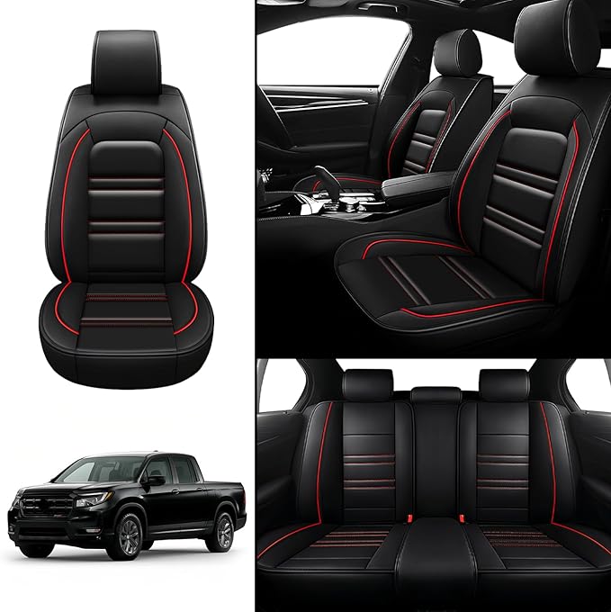 Seat Covers for Honda Ridgeline 2006-2025 | 5-Seats Leather Seat Covers, Easy to Install Automotive Seat Covers Full Set (Full Set, Black&Red Line)