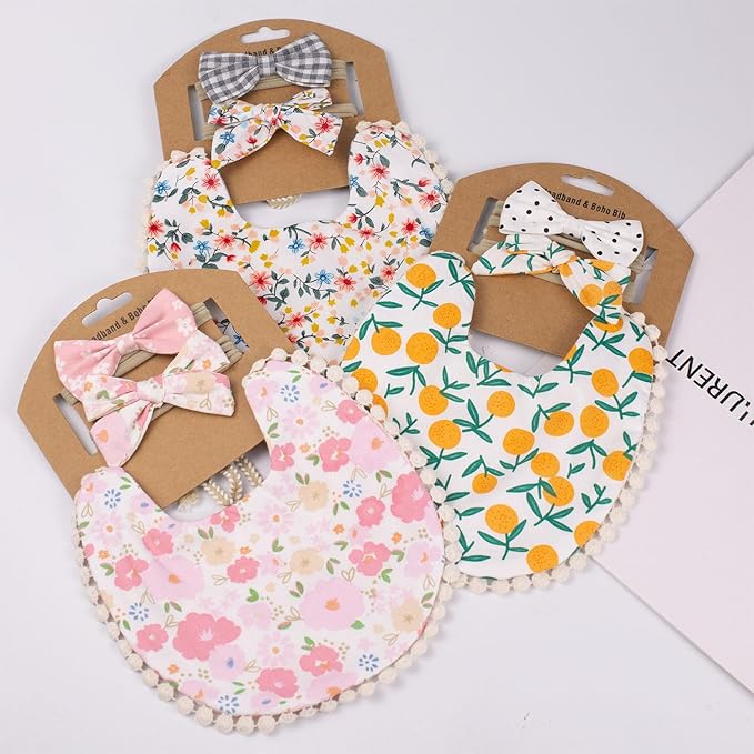 Baby Girls Floral Print Bibs, Reversible Burp Cloth Set for Newborn Infant Toddlers