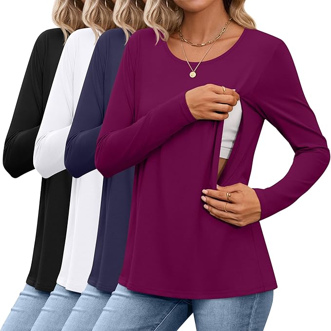 4 Pack Women's Cotton Nursing Tops, Breastfeeding Maternity with Hidden Zippers Crew Neck Long Sleeve Pregnancy Shirts