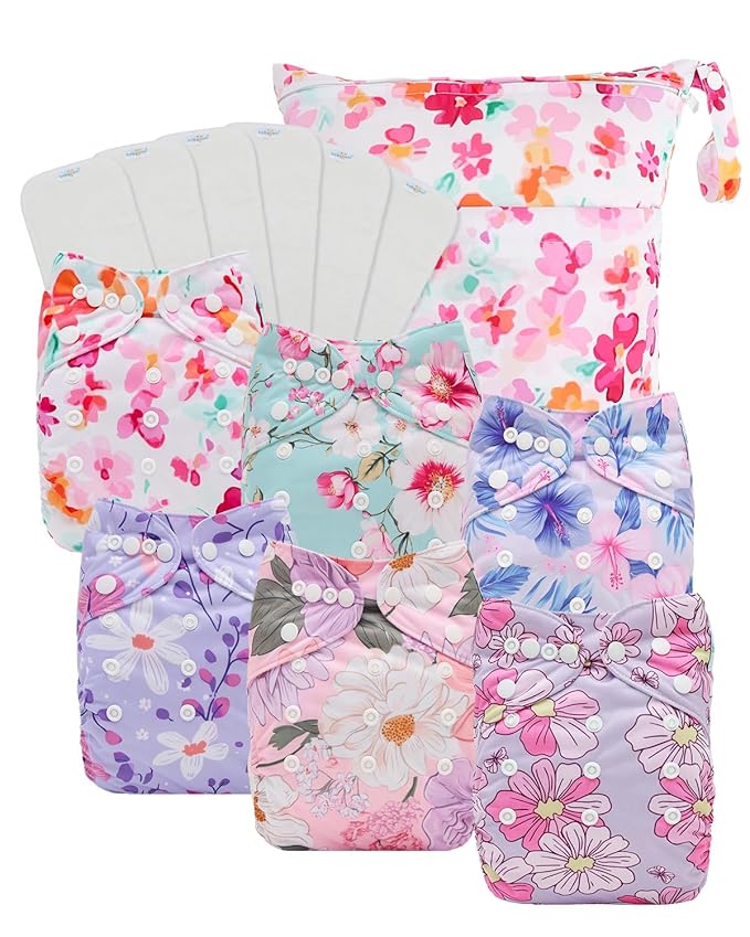 Babygoal Baby Cloth Diaper 6 Pack with 6pcs Inserts and Wet Bag for Fitted Diapers and Prefolds, Adjustable and Reusable Covers for Toddler Boys and Girls
