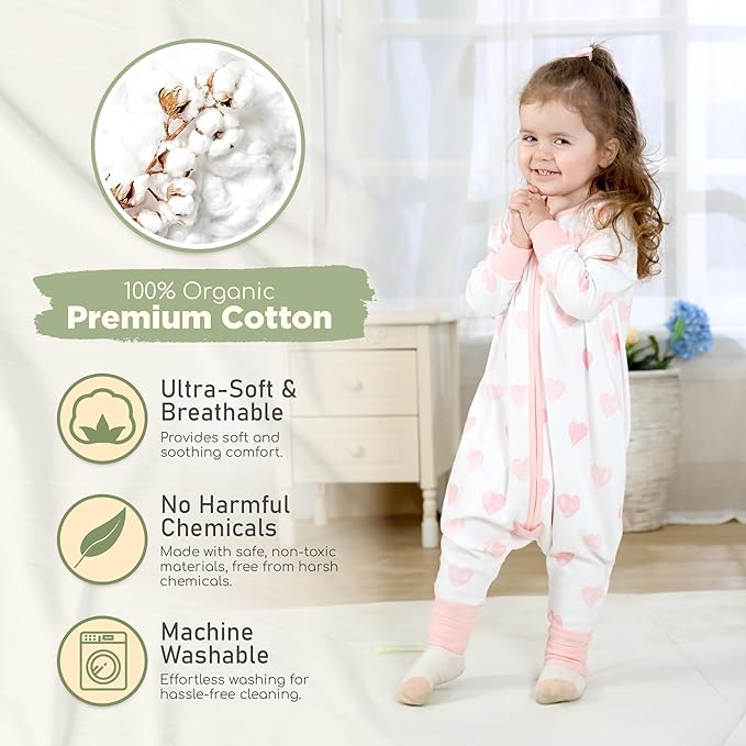 Mama Cheetah Toddler Sleep Sack with Feet, Long Sleeve 1.0 TOG Organic Cotton Baby Sleeping Bag with Legs, Wearable Blanket for Walkers with 2-Way Zipper, Toddler Blanket for Girls Boys 6-18 M, 2-Pack