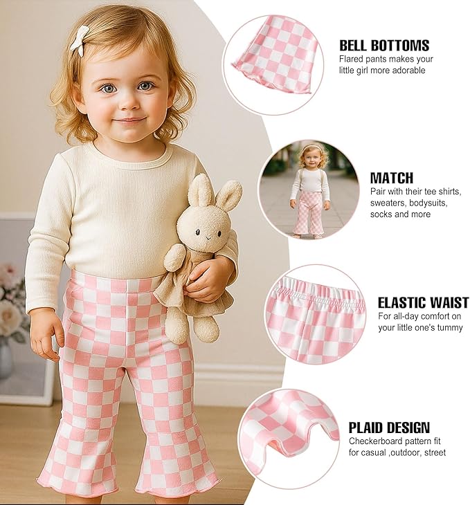 SOBOWO Checkered Baby Girl Flare Pants 3 Pack Toddler Bell Bottoms Plaid Ruffle Leggings Pants Fall Winter Outfits Size 6M-4T