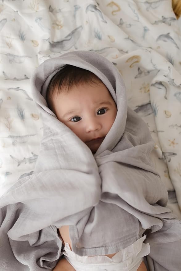 Baby Boy Muslin Swaddle Blankets for Newborns, Ocean Blue 2-Pack, Soft Viscose derived from Bamboo & Cotton Muslin Baby Blankets, 47x43, Breathable Receiving Blankets, Giftable for Newborn
